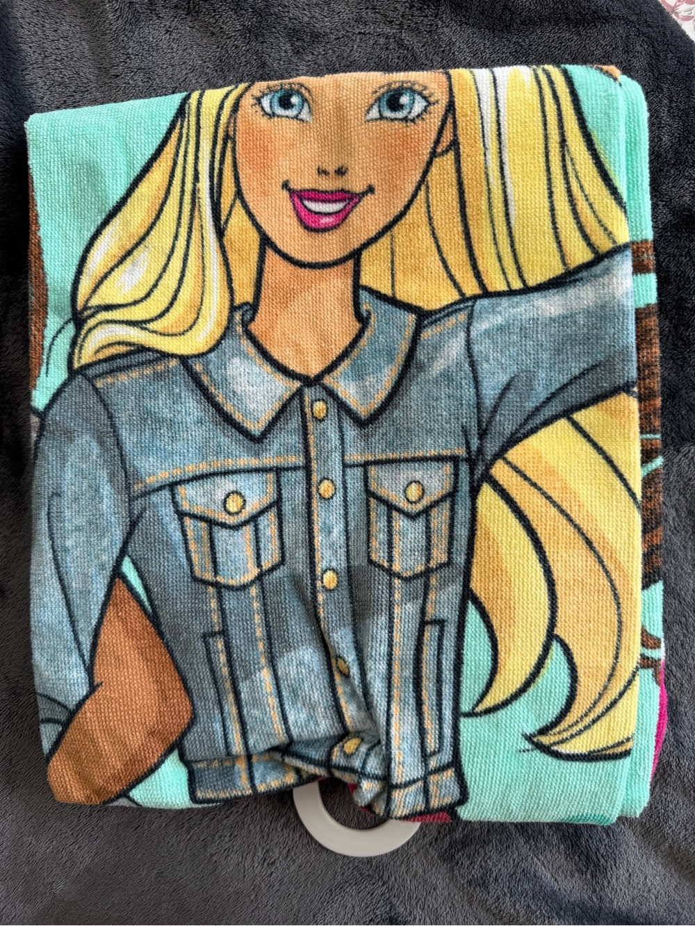Barbie Graphic Beach Towel - Blonde Doll Illustration, Aqua Background